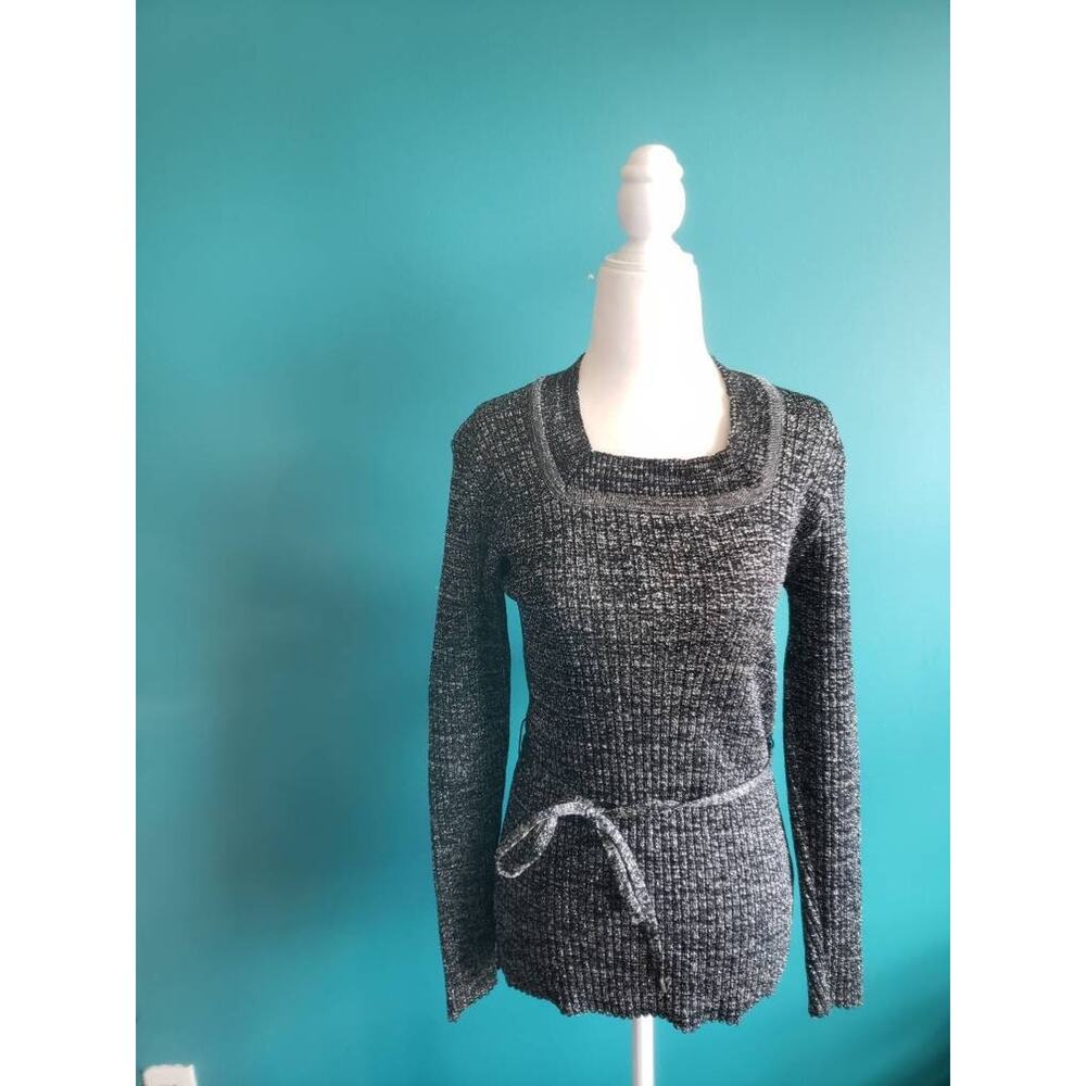 Vintage 70s Lurex Tunic Sweater in Black and Silver Disco Retro Size Med
